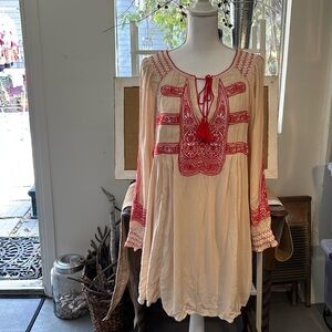Free People Cream Mini Dress with Red Embroidered Yoke and Tassels